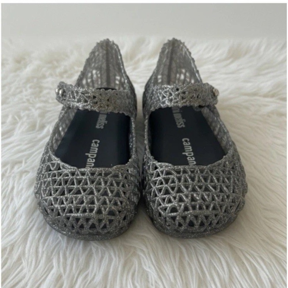 Mini Melissa Campana Zig Zag Silver Glitter Jelly Mary Jane Flats Shoes Kids 6